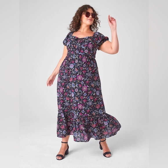 Lane Bryant Black Metallic Floral Bubble Sleeve Tie Neck Tiered Midi Dress 20 - Picture 1 of 12
